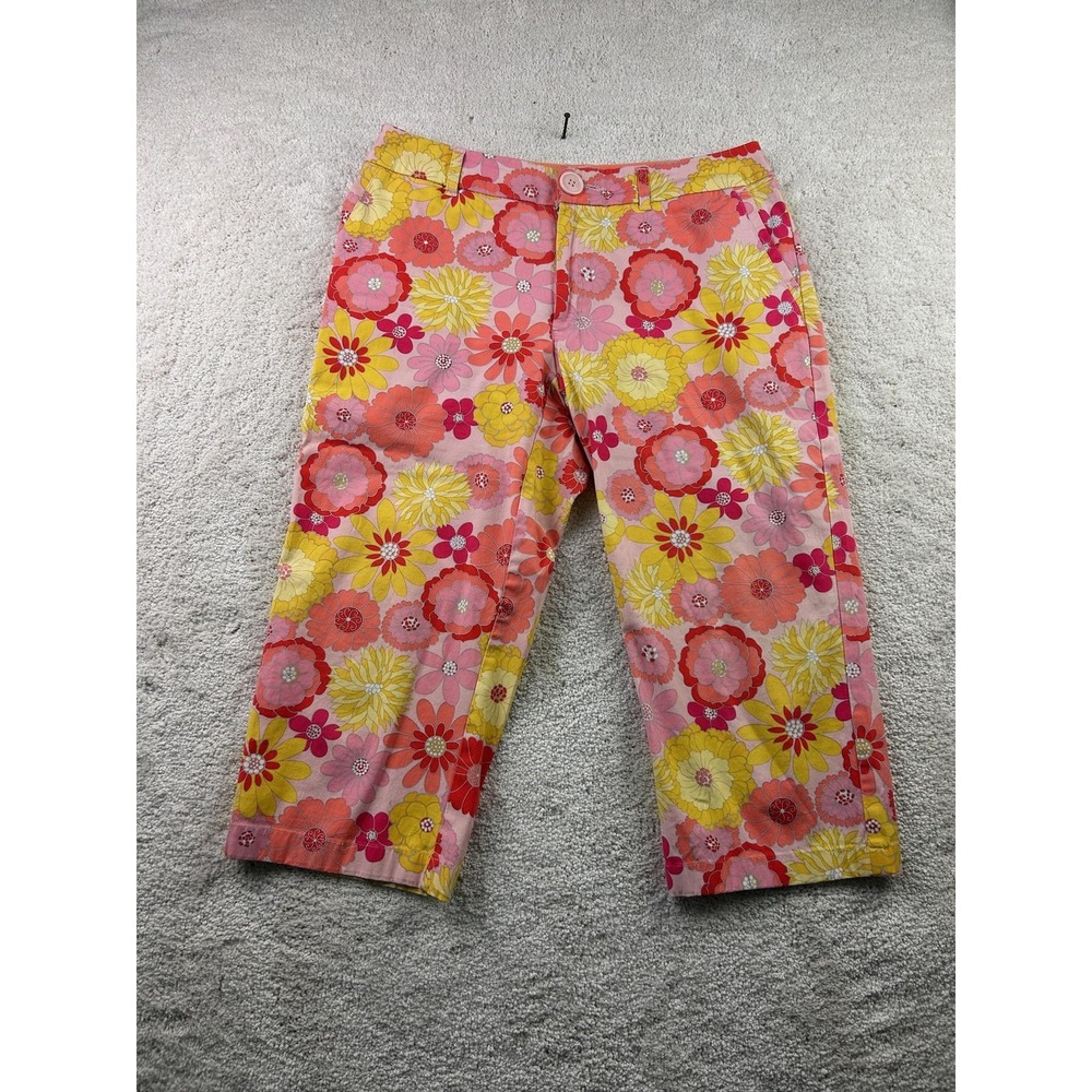 Izod Pants Womens Petite Pink Yellow Floral Capri Stretch Cropped Spring Summer